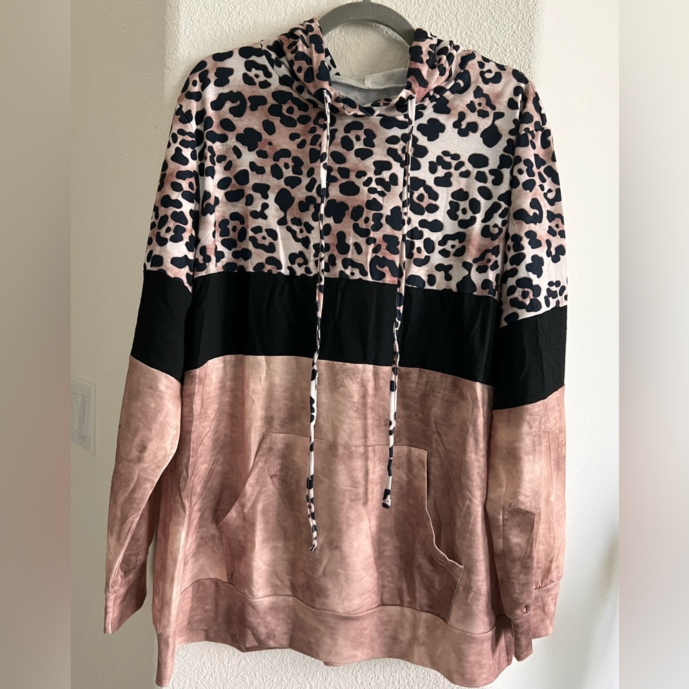 Women's 2X Leopard Hoody Sweatshirt Top Pullover Drawstring with Pocket
